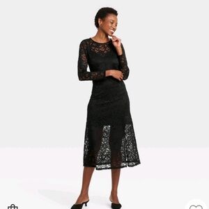 Women's Long Sleeve Midi Lace Dress - A New Day Black Floral S